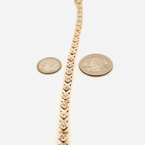 Sterling Silver 925 Gold Tone X Link Tennis Bracelet with White Crystals, 7.5" - Picture 3 of 8